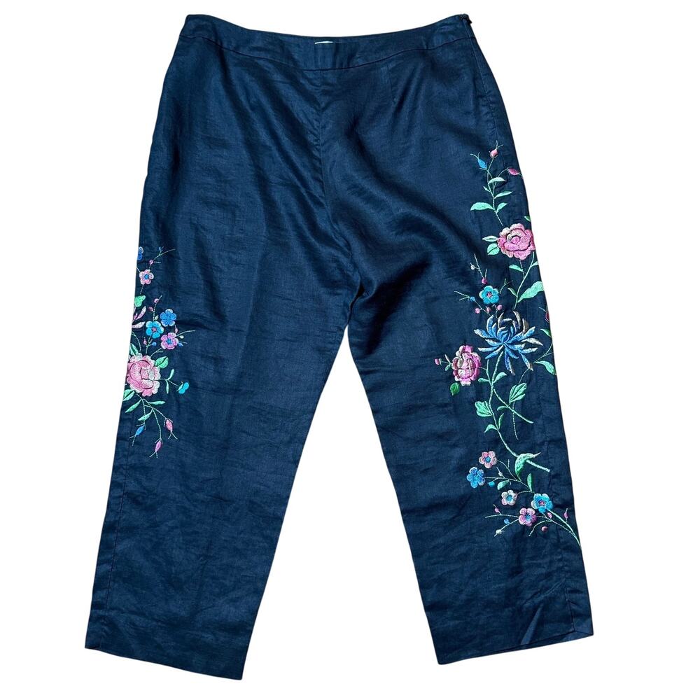 Allison Taylor Black Linen Pants 14 Embroidered Floral Cropped Boho Straight Leg